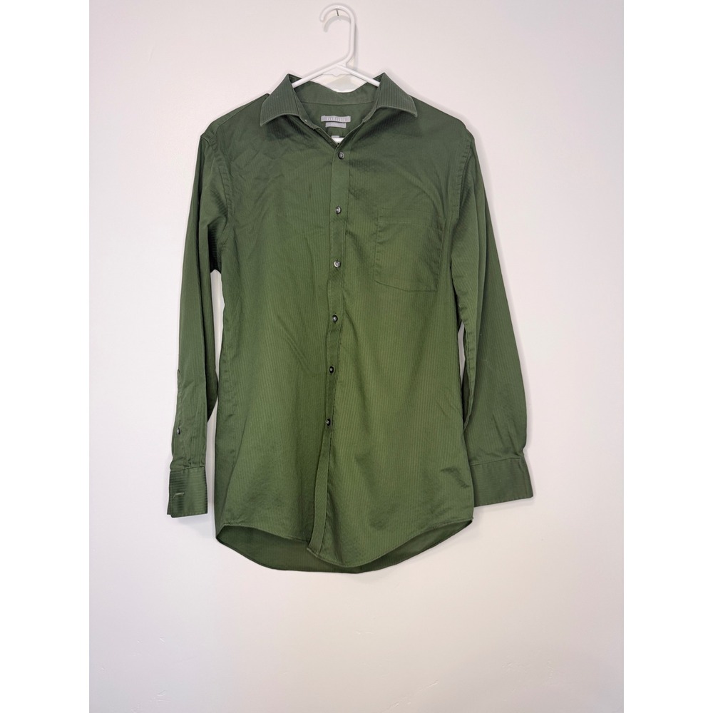 Van Heusen Fitted Dress Shirt Olive Green Micro Stripe 15.5 32/33‎ Mens